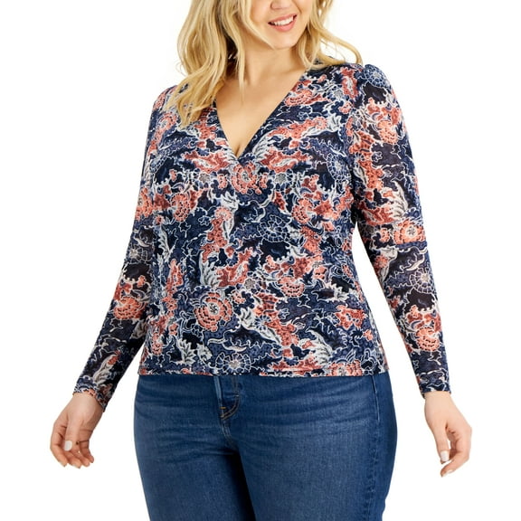 INC International Concepts Plus Size Printed Mesh Top Gaia Garden 1X