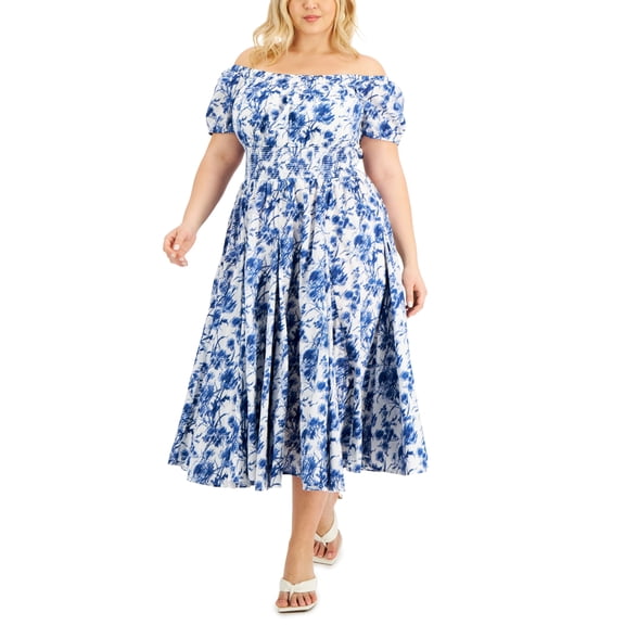 INC International Concepts Plus Size Printed Off The Shoulder Smocked Waist Dress Phoebe Blooms 4X