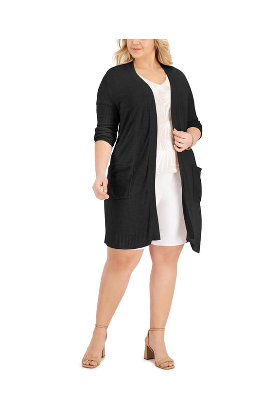Plus Size Rib Knit Duster Cardigan Deep Black 0X