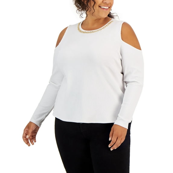 INC International Concepts Plus Size Ribbed Chain Trim Cold Shoulder Top Bright White 3X