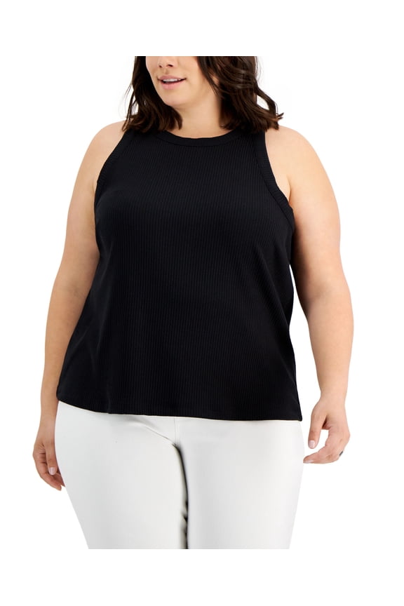 Plus Size Ribbed Knit Sleeveless Top Deep Black 1X