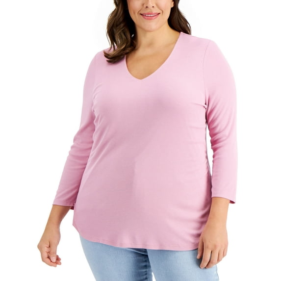 INC International Concepts Plus Size Ribbed V Neck Top Evening Mauve 2X