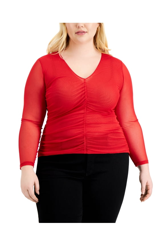 Plus Size Ruched Mesh Top Red 0X