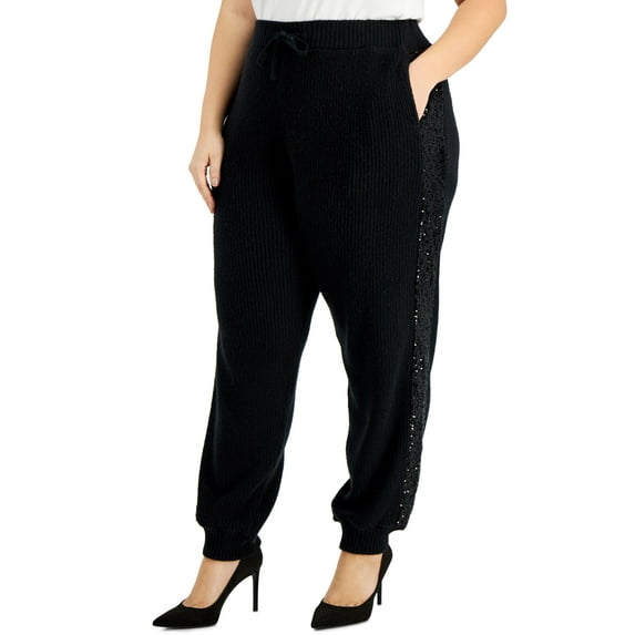 INC International Concepts Plus Size Sequin Stripe Sweater Knit Joggers Deep Black 0X