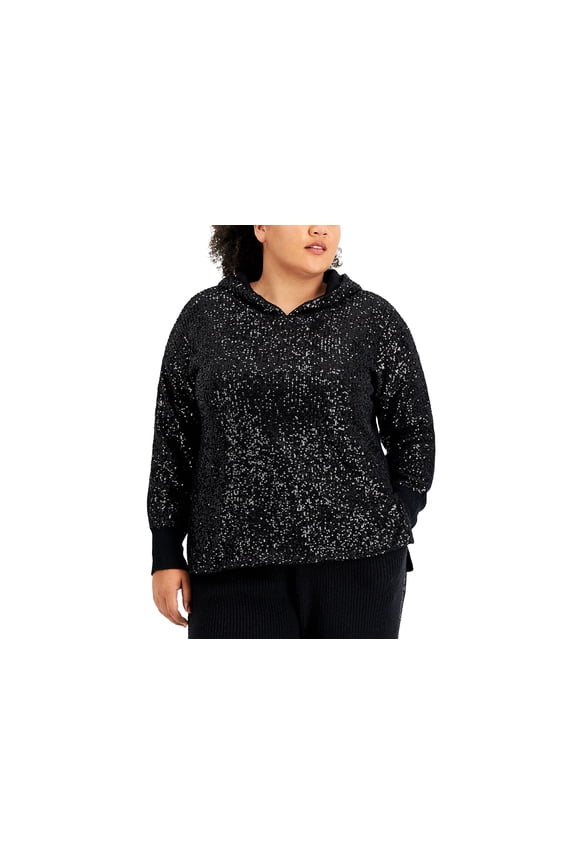 Plus Size Sequin Sweater Hoodie Deep Black 0X