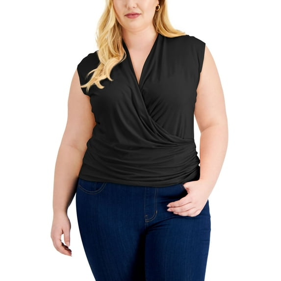 INC International Concepts Plus Size Sleeveless Surplice Top Deep Black 1X
