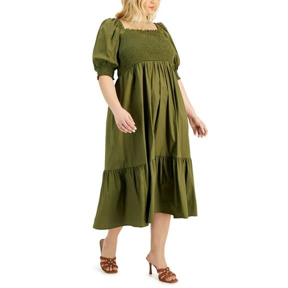 INC International Concepts Plus Size Smocked Puff Sleeve A Line Dress Burnt Olive 2X
