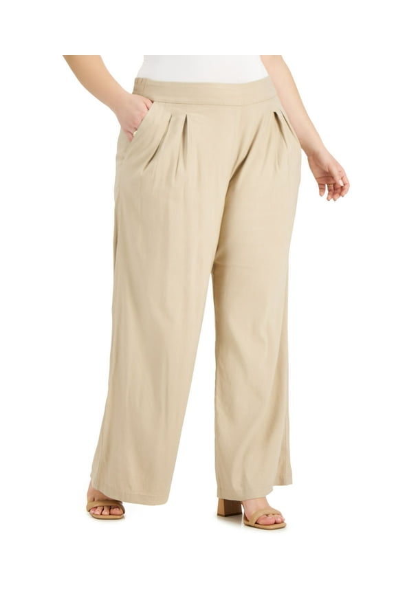 Plus Size Solid Pleat Front Pull On Pants Toasted Twine 22W