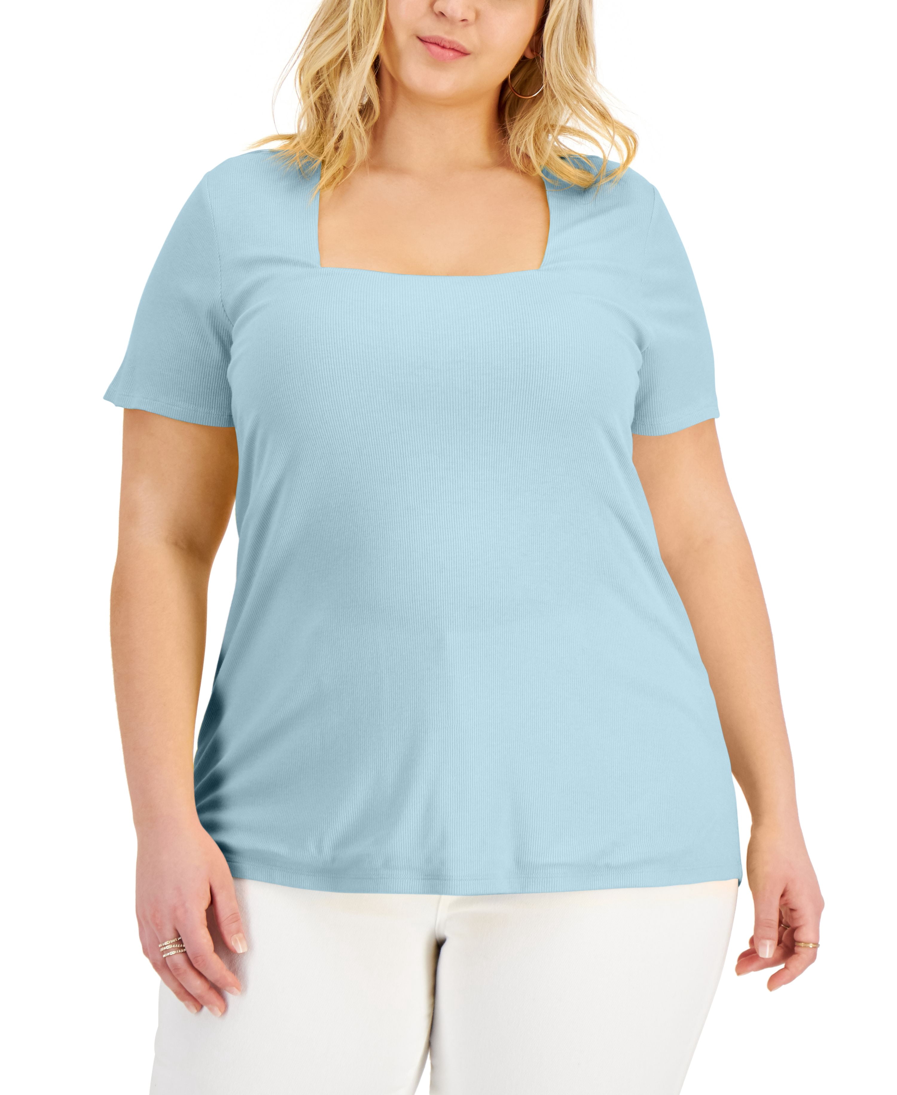 INC International Concepts Plus Size Square Neck Ribbed Top Blue Sky 2X ...