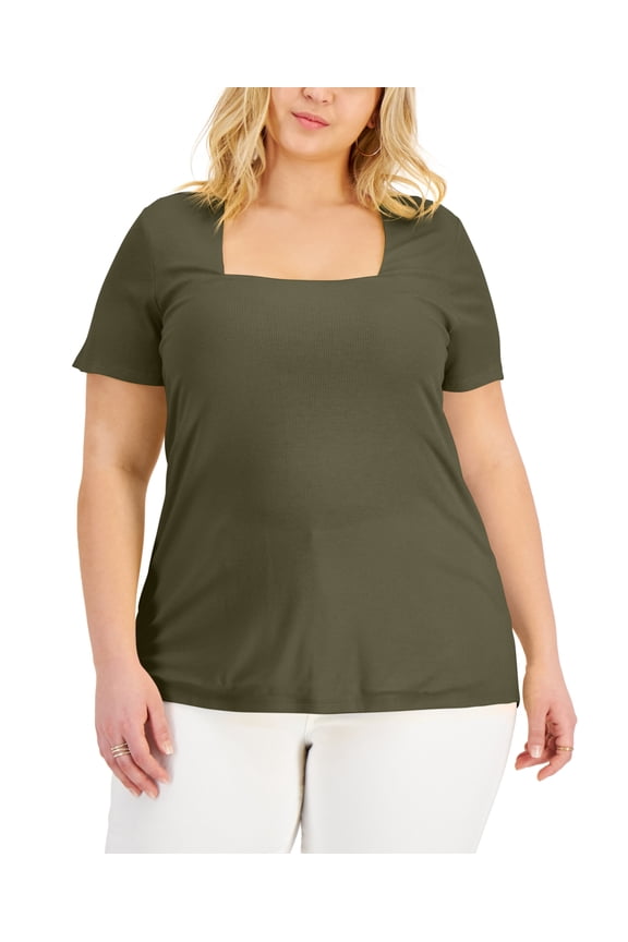 Plus Size Square Neck Ribbed Top Burnt Olive 0X