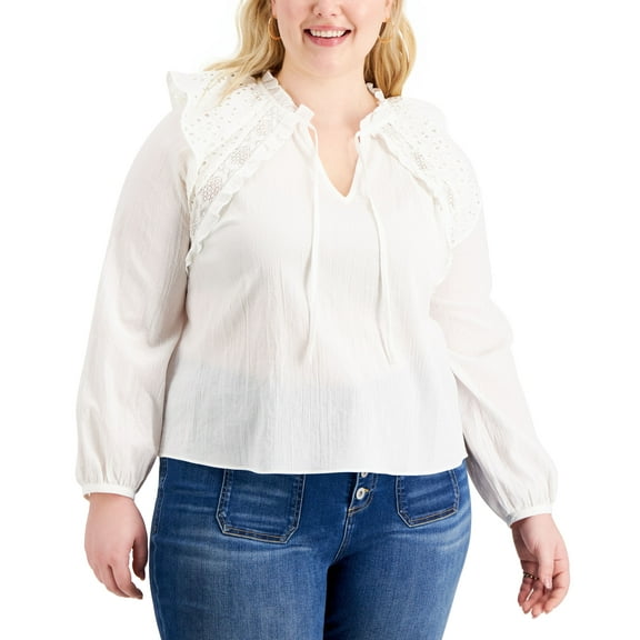INC International Concepts Plus Size Tie Neck Blouse Washed White 1X