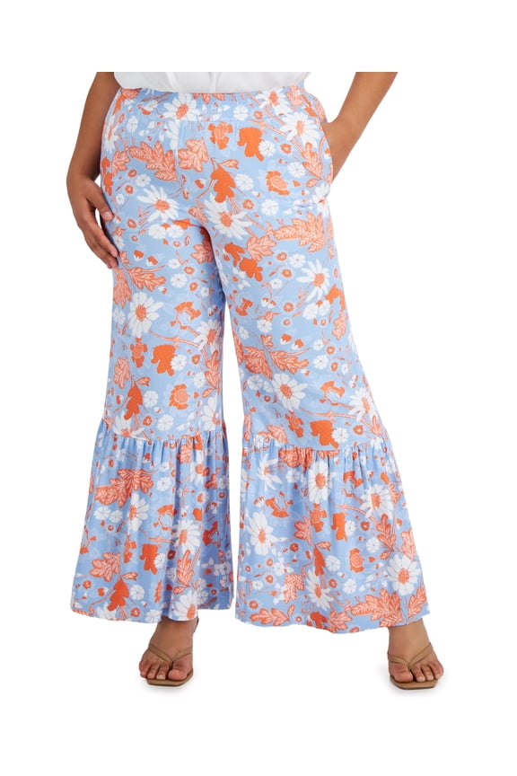 Plus Size Tiered Hem Pull On Pants Fatima Floral 2X