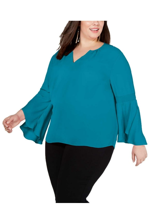 Plus Size Woman’s Bell-Sleeve Blouse Tops, Caribbean Blue, 0X Plus