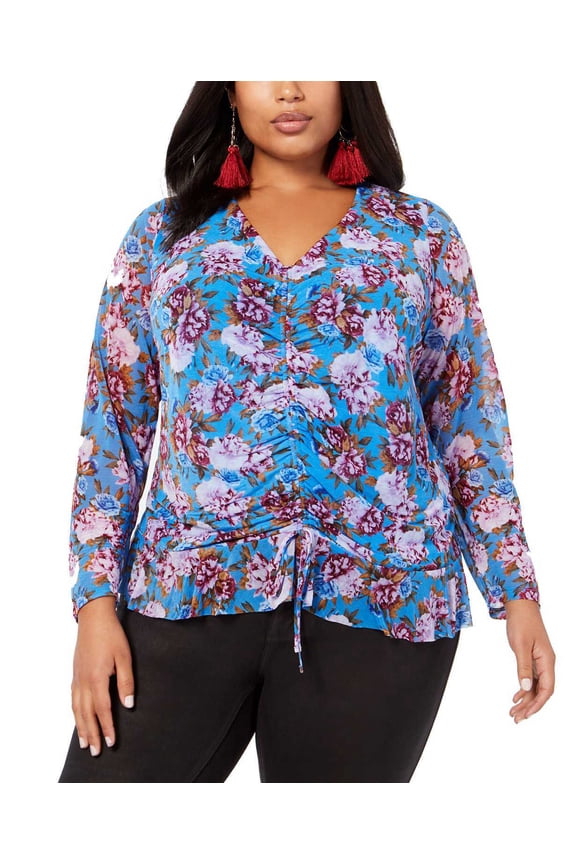 Plus Size Women’s Floral-Print Ruched Pullover Shirt Tops, Navy, 0X Plus