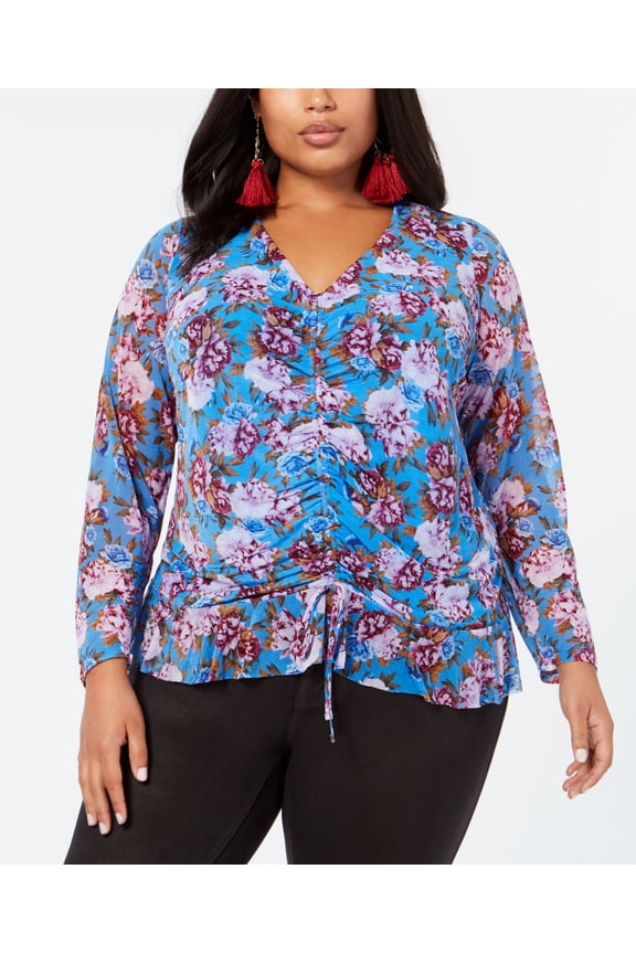 Plus Size Floral Print Ruched Top Blue 2X