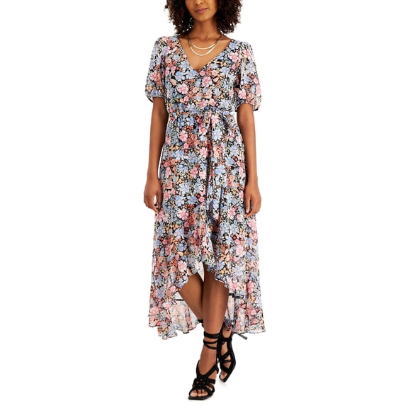 INC International Concepts Printed Ruffled Faux-Wrap Dress BlackCapri Combo 14