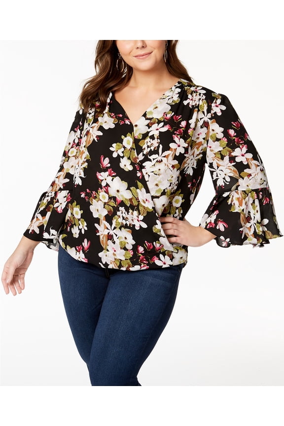 - Printed Surplice Blouse - Plus - 3X