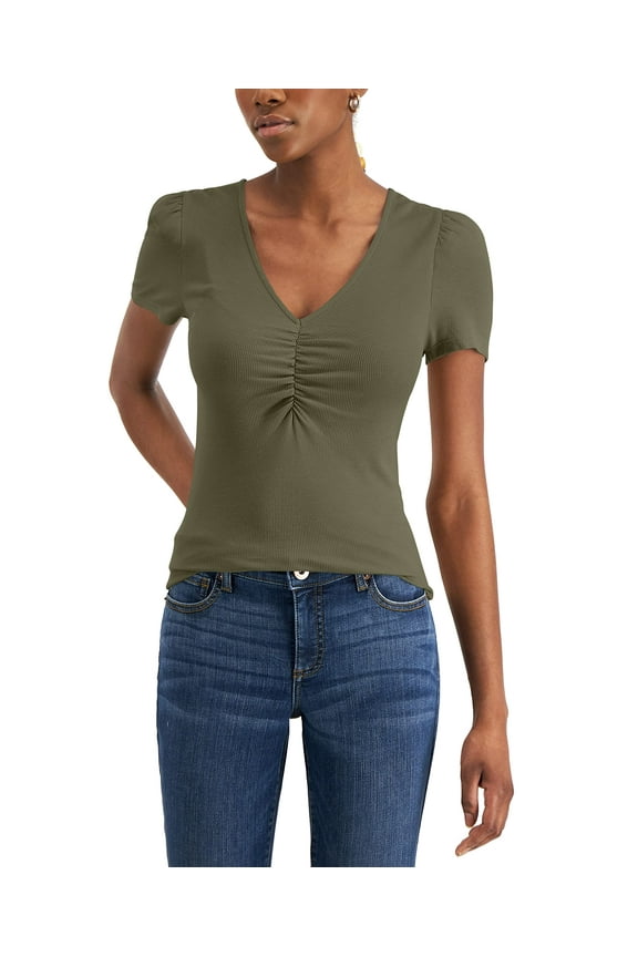 Ribbed Ruched Top Burnt Olive L