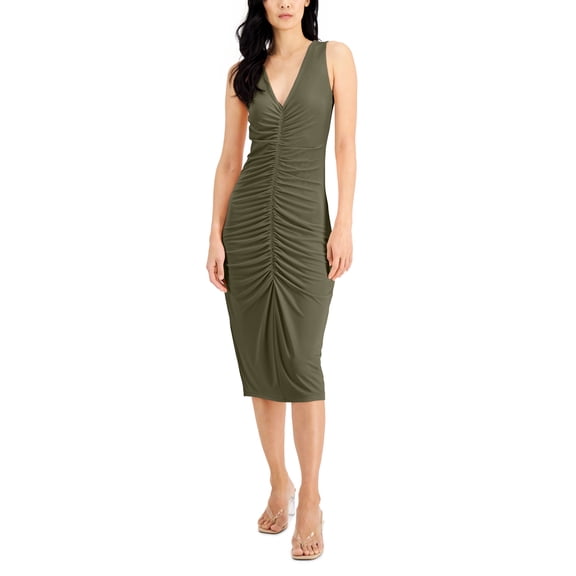 INC International Concepts Ruched Bodycon Dress Burnt Olive XL