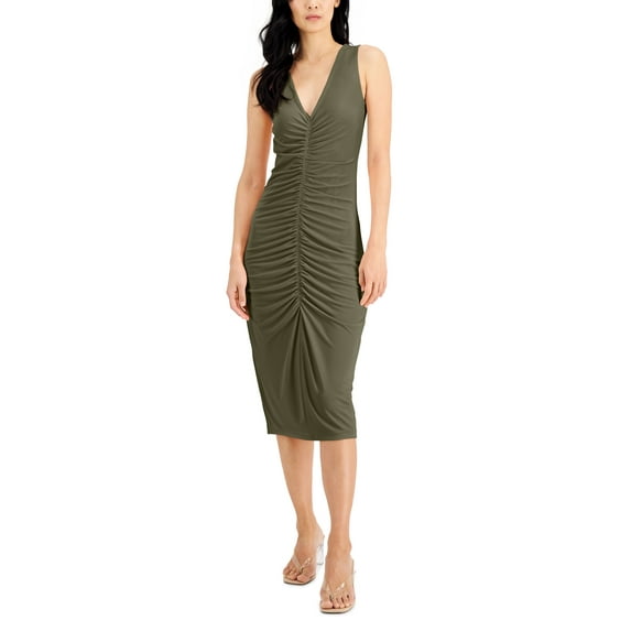 INC International Concepts Ruched Bodycon Dress Burnt Olive XL