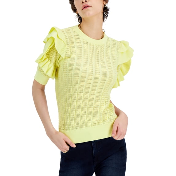 INC International Concepts Ruffle Sleeve Sweater Yellow Pear M