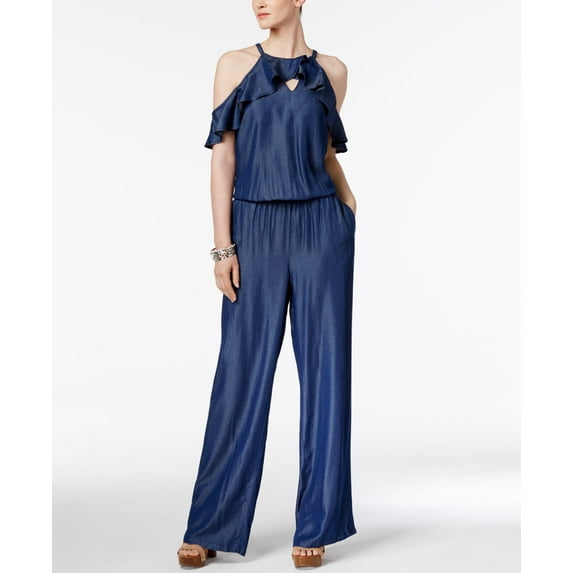 INC International Concepts Ruffled Cold Shoulder Jumpsuit Indigo Wash XS