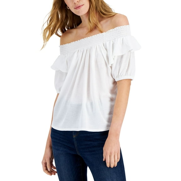 INC International Concepts Ruffled Off The Shoulder Top Washed White M