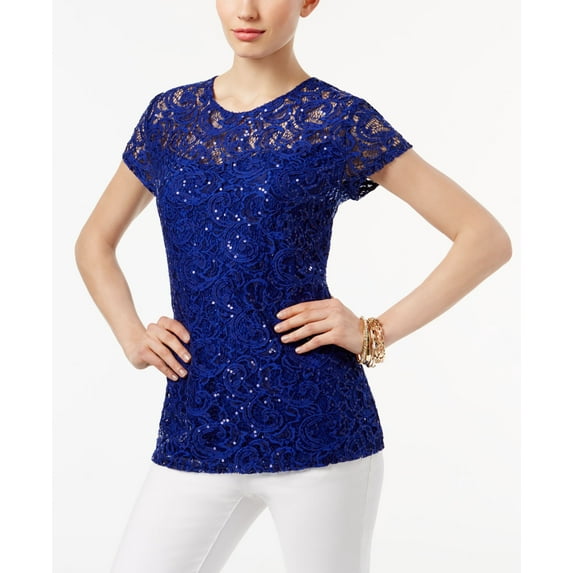INC International Concepts Sequin Lace T-Shirt Godess Blue 2XL