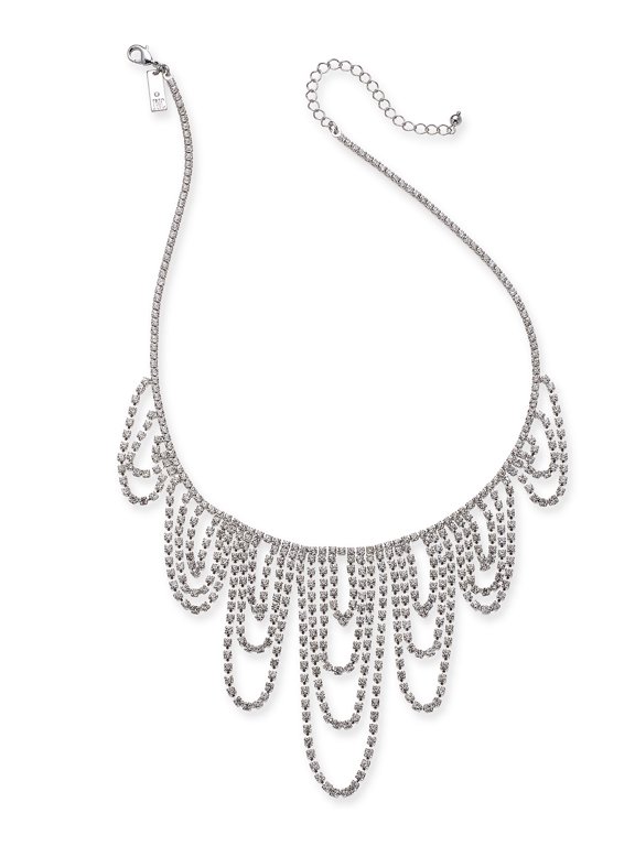 Silver-Tone Crystal Chain Dripping Statement Necklace, 17 + 3 extender