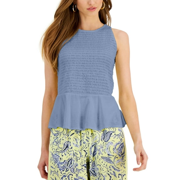 INC International Concepts Smocked Peplum Top Monaco S