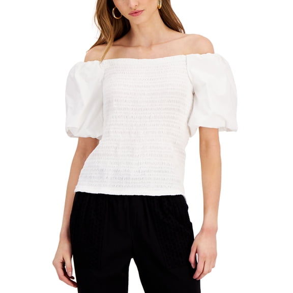 INC International Concepts Smocked Puff Sleeve Top Washed White S