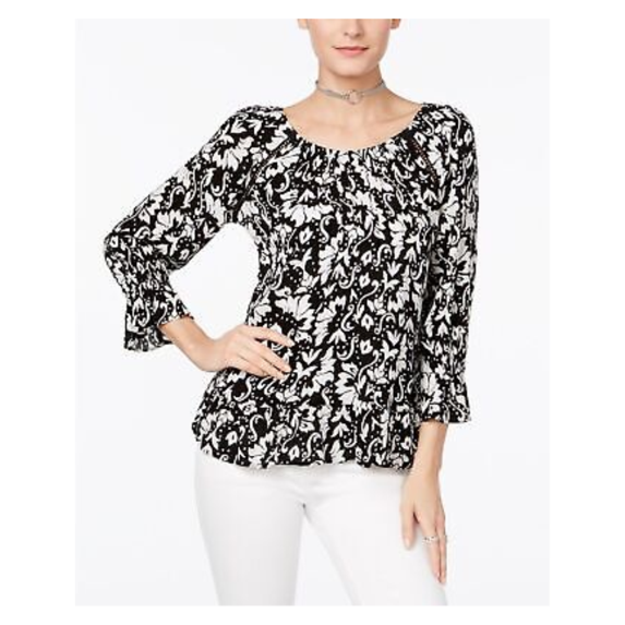 INC International Concepts Snow Flower Printed Peasant Top, Small