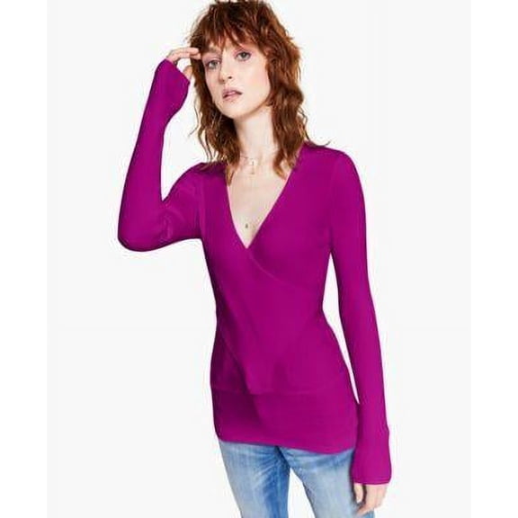 INC International Concepts Solid Ribbed Surplice Sweater Fuchsia Pop L