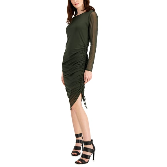 INC International Concepts Solid Ruched Dress Avalon Olive M
