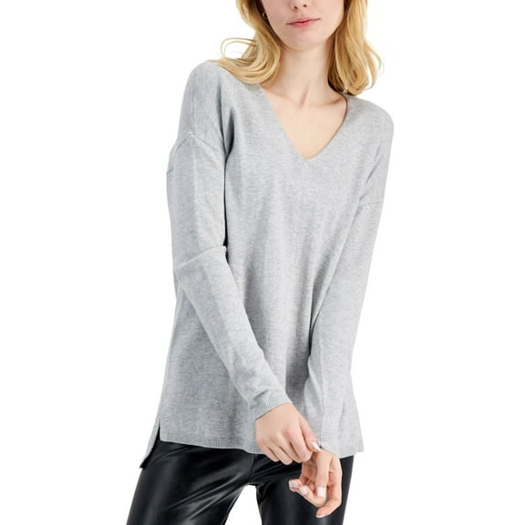 INC International Concepts Solid V Neck Sweater Heather Belle Grey L