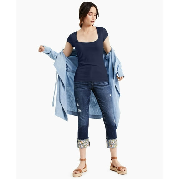 INC International Concepts Square Neck T-Shirt Indigo Sea L