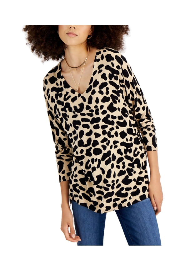Tonal Leopard Print V Neck Step Hem Sweater Cheetah XS