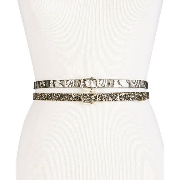 INC International Concepts Women’s Glitter & Lace 2-for-1 Skinny Reversible Belts, Gold, Small