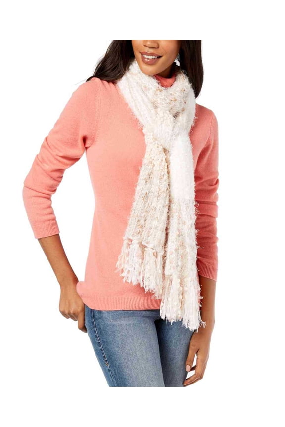 Women’s Mixed Yarns Colorblocked Fringe Scarves, Ivory