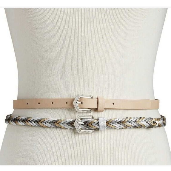 INC International Concepts Women’s 2-for-1 Solid & Braided Skinny Belts, Beige/Multi, Medium
