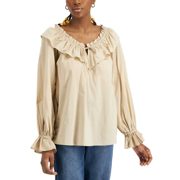 INC International Concepts Womens Cotton Ruffled Blouse Toasted Twine L