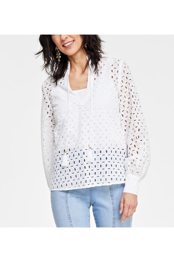 Women's Cotton Tie-Neck Eyelet Blouse Bright White