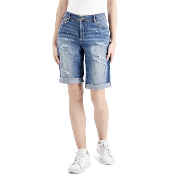 INC International Concepts Women's Curvy Mid Rise Ripped Bermuda Shorts