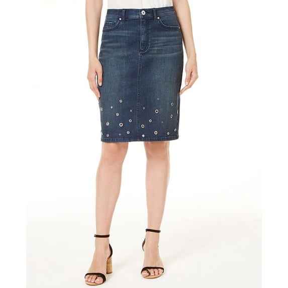 INC International Concepts Women's Embellished Denim Skirt Blue Size 18