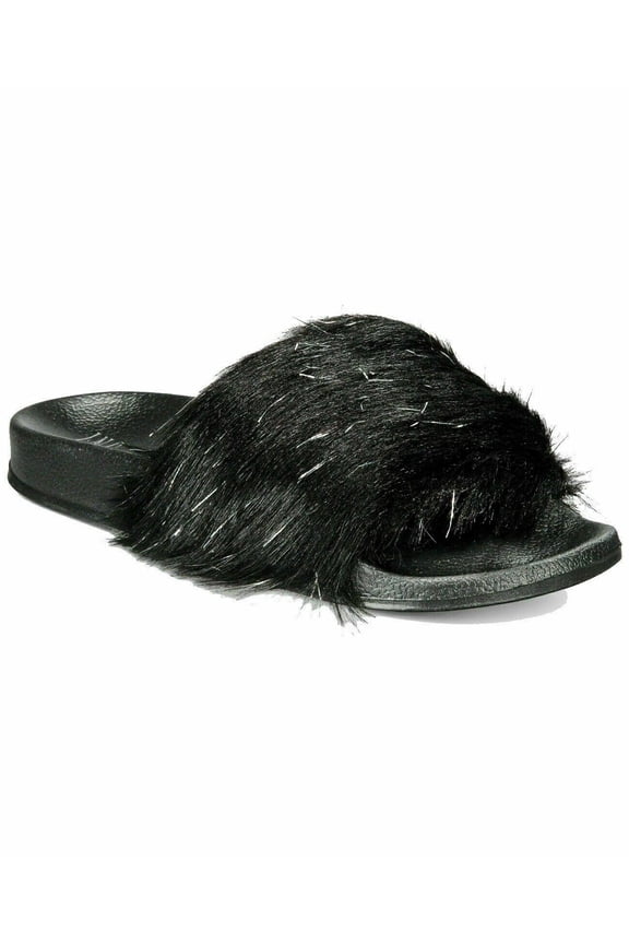 Women’s Faux-Fur Slide Slippers (Black, XL)