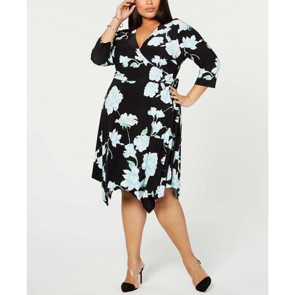 INC International Concepts Women's Floral Hanky-Hem Wrap Dress, Black, 2X
