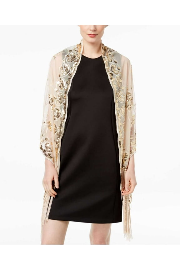 Womens Floral Sequined Fringe Evening Wrap, Ivory/Gold