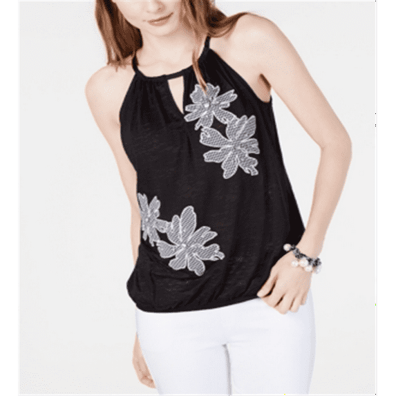 INC International Concepts Women's Gingham-Floral Halter Top Deep Black Size PM