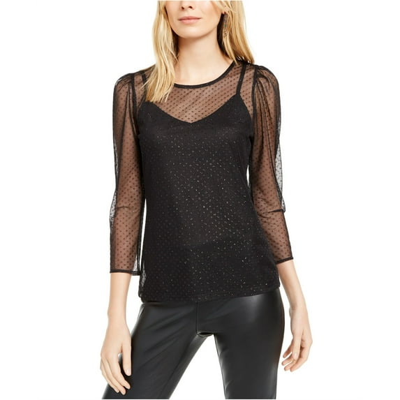 INC International Concepts Women's Glitter Dot Mesh Top Black Size Large