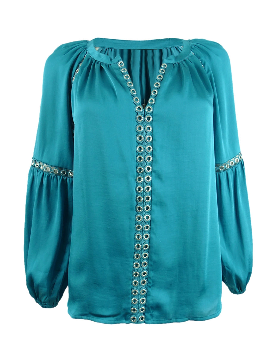 INC International Concepts Women's Grommet-Trim Split-Neck Top PS, Tahitian Tide